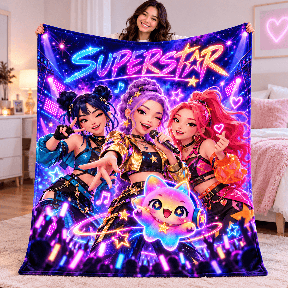 Single Custom Cat 50 x 60 Superstar Neon Pop Idol Blanket – Colorful Concert Cozy Plush Fleece Blanket 50×60