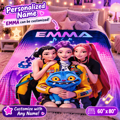 Personalized 60×80 Cozy Plush Fleece Blanket – Pop Star Friends Music Design With Custom Name