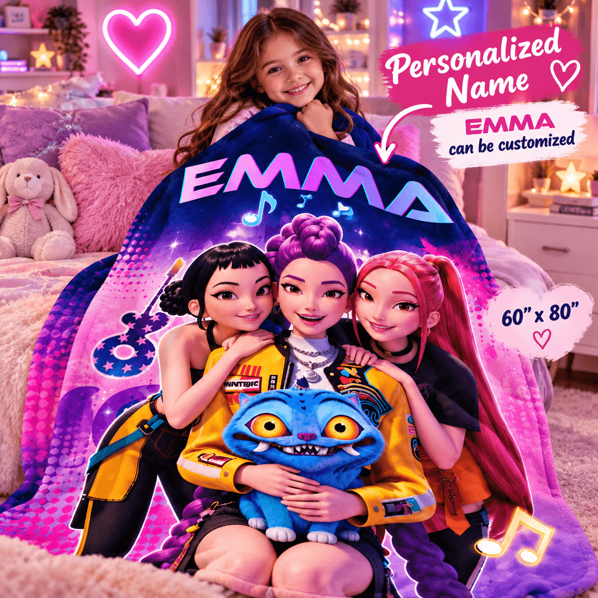 Personalized 60×80 Cozy Plush Fleece Blanket – Pop Star Friends Music Design With Custom Name