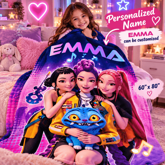 A child sits on a bed wrapped in a large personalized blanket featuring cartoon characters and the name EMMA in large letters. The blanket has a pink-to-purple gradient with musical note graphics and text overlays stating 'Personalized Name EMMA can be customized' and '60" x 80"'.