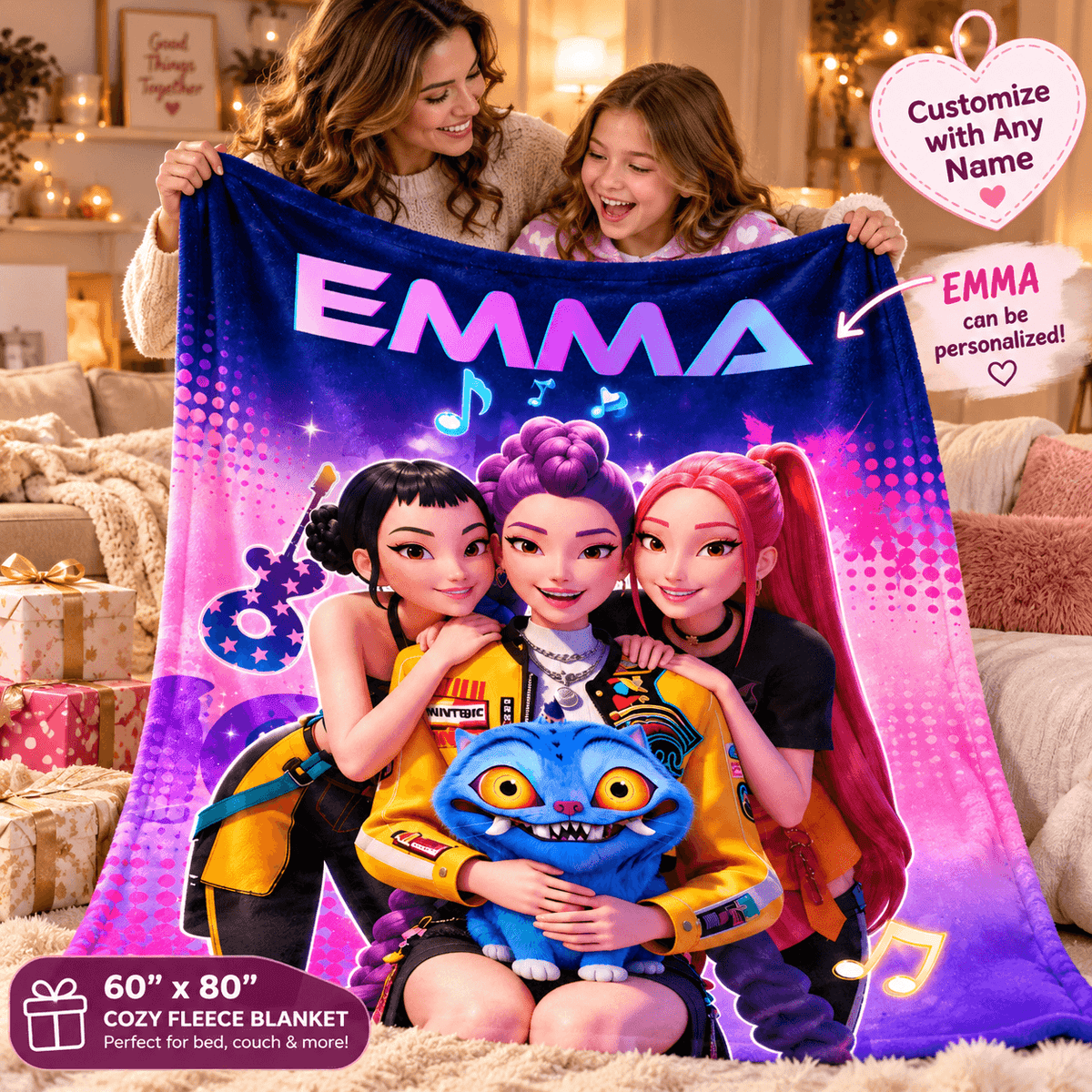 Personalized 60×80 Cozy Plush Fleece Blanket – Pop Star Friends Music Design With Custom Name