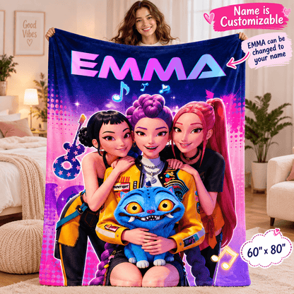 Personalized 60×80 Cozy Plush Fleece Blanket – Pop Star Friends Music Design With Custom Name