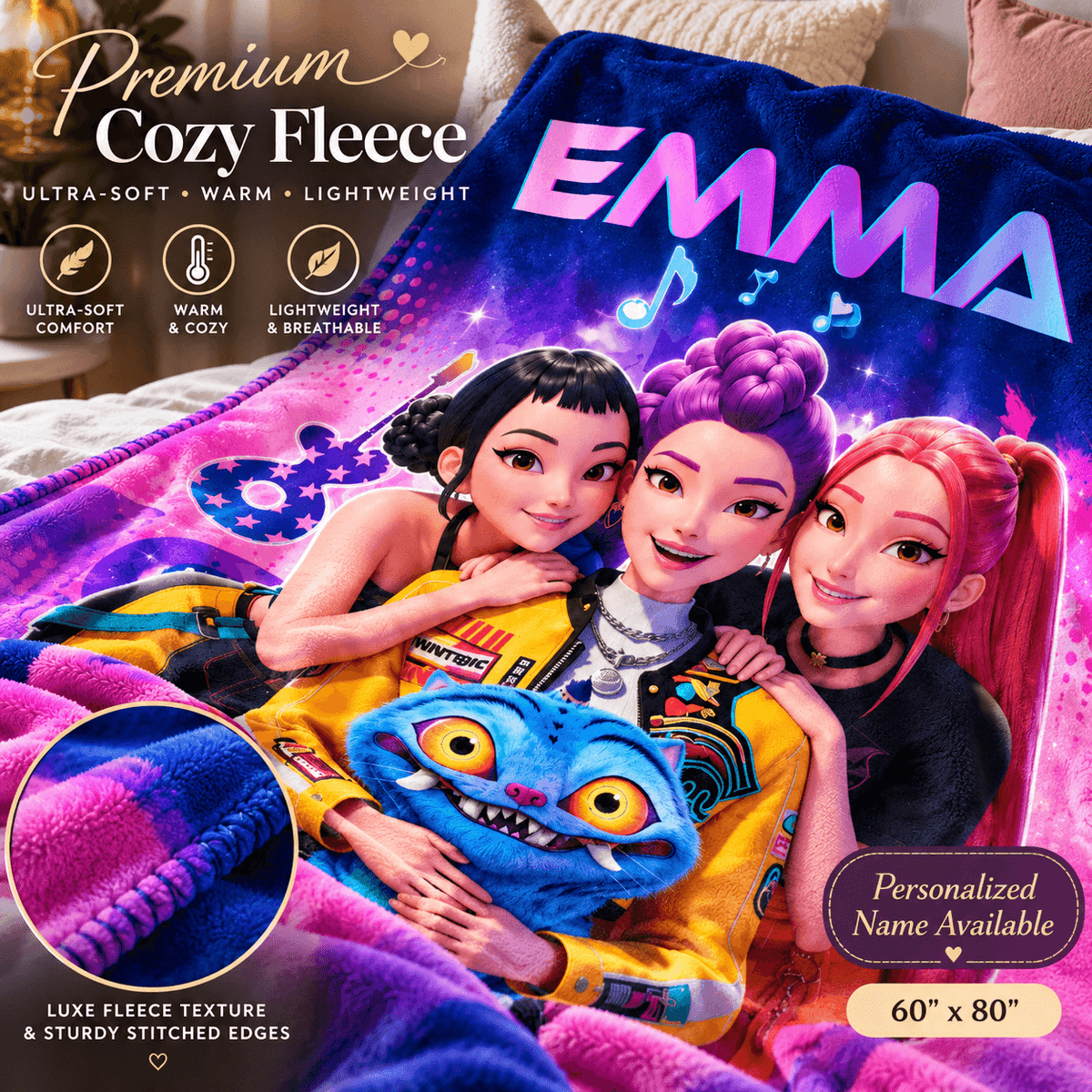 Personalized 60×80 Cozy Plush Fleece Blanket – Pop Star Friends Music Design With Custom Name