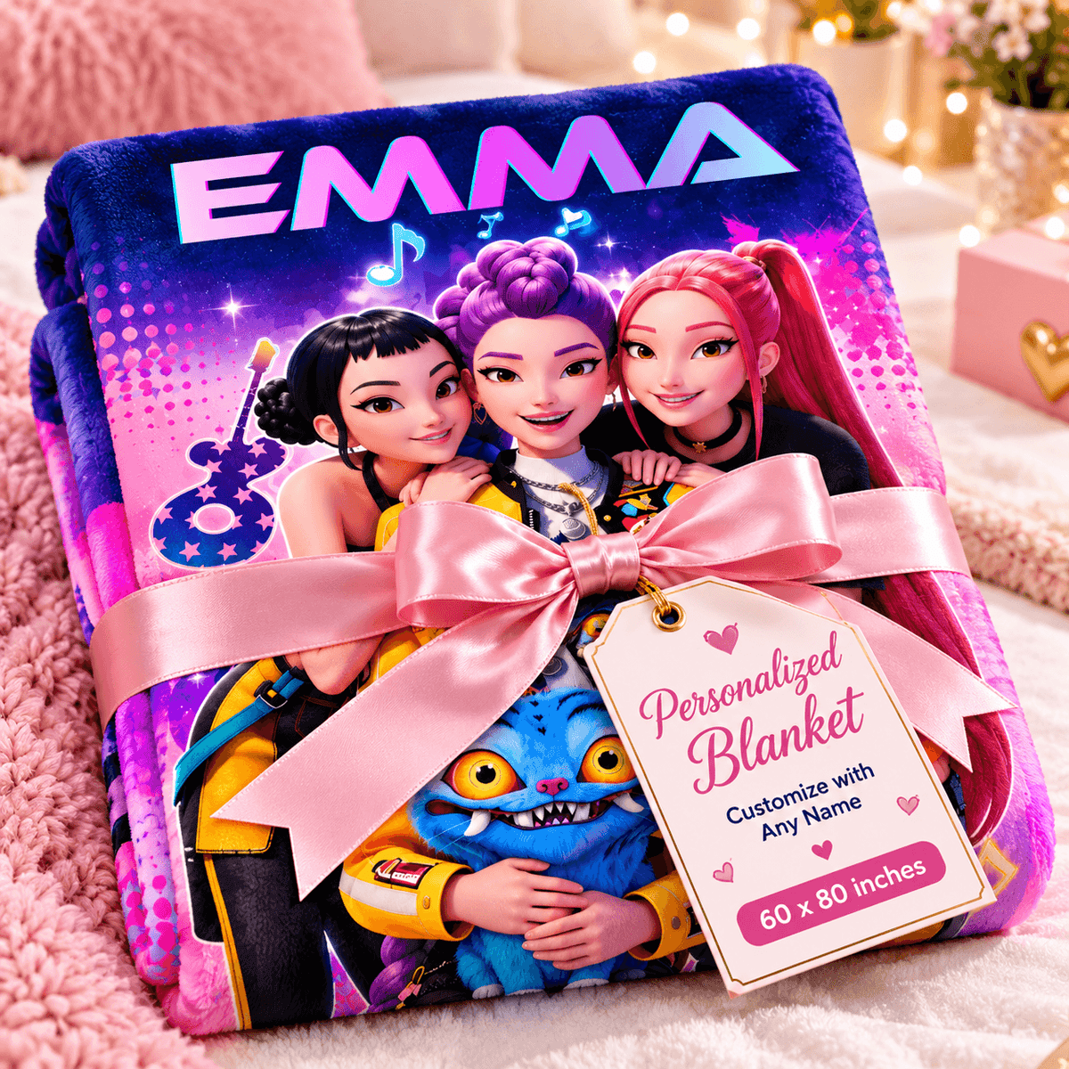 Personalized 60×80 Cozy Plush Fleece Blanket – Pop Star Friends Music Design With Custom Name