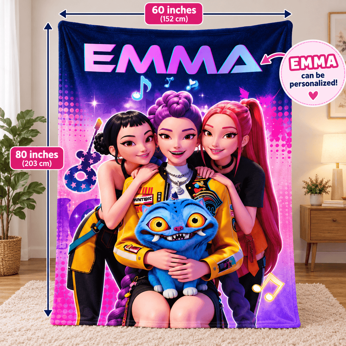 Personalized 60×80 Cozy Plush Fleece Blanket – Pop Star Friends Music Design With Custom Name