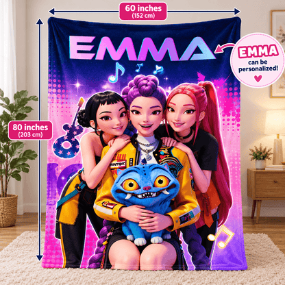 Personalized 60×80 Cozy Plush Fleece Blanket – Pop Star Friends Music Design With Custom Name