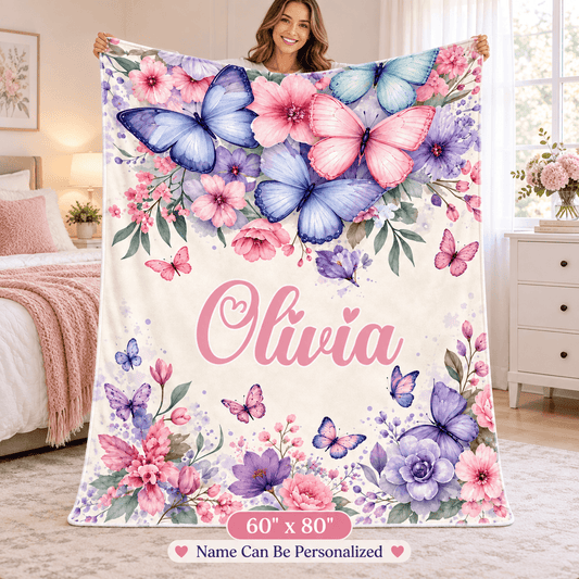 Personalized Olivia Butterfly & Floral Cozy Plush Fleece Blanket – Custom Name Gift for Girls – 60" × 80"