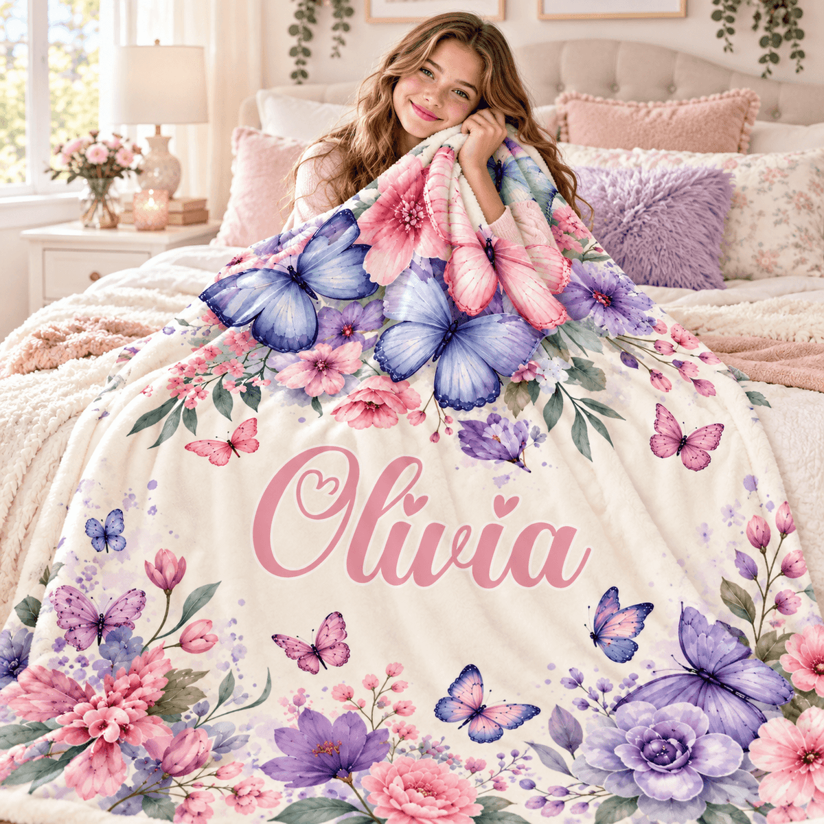 Personalized Olivia Butterfly & Floral Cozy Plush Fleece Blanket – Custom Name Gift for Girls – 60" × 80"