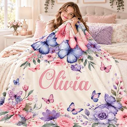 Personalized Olivia Butterfly & Floral Cozy Plush Fleece Blanket – Custom Name Gift for Girls – 60" × 80"