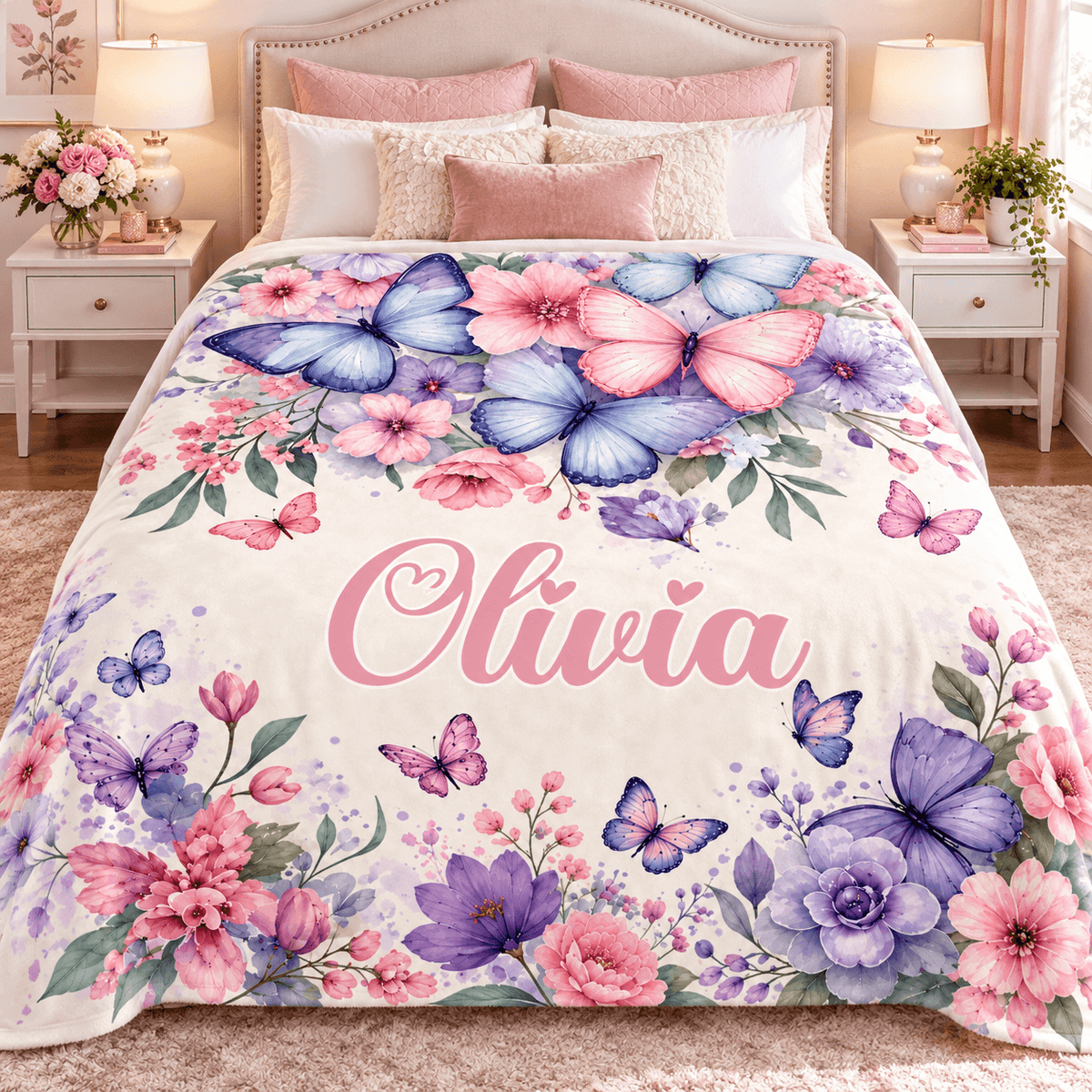 Personalized Olivia Butterfly & Floral Cozy Plush Fleece Blanket – Custom Name Gift for Girls – 60" × 80"