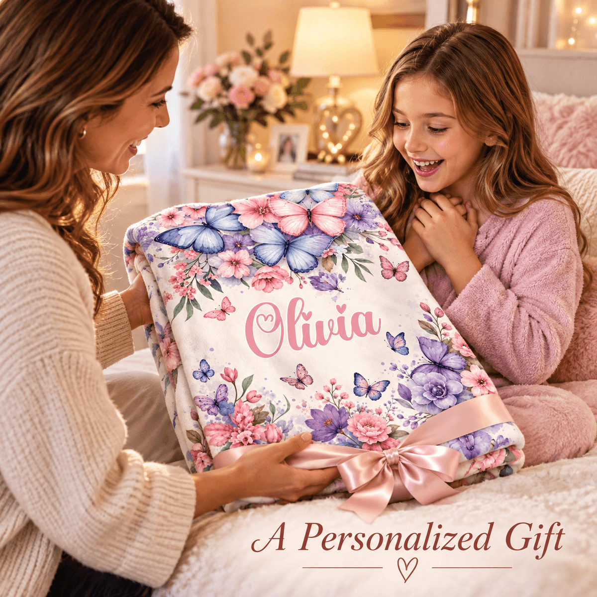 Personalized Olivia Butterfly & Floral Cozy Plush Fleece Blanket – Custom Name Gift for Girls – 60" × 80"
