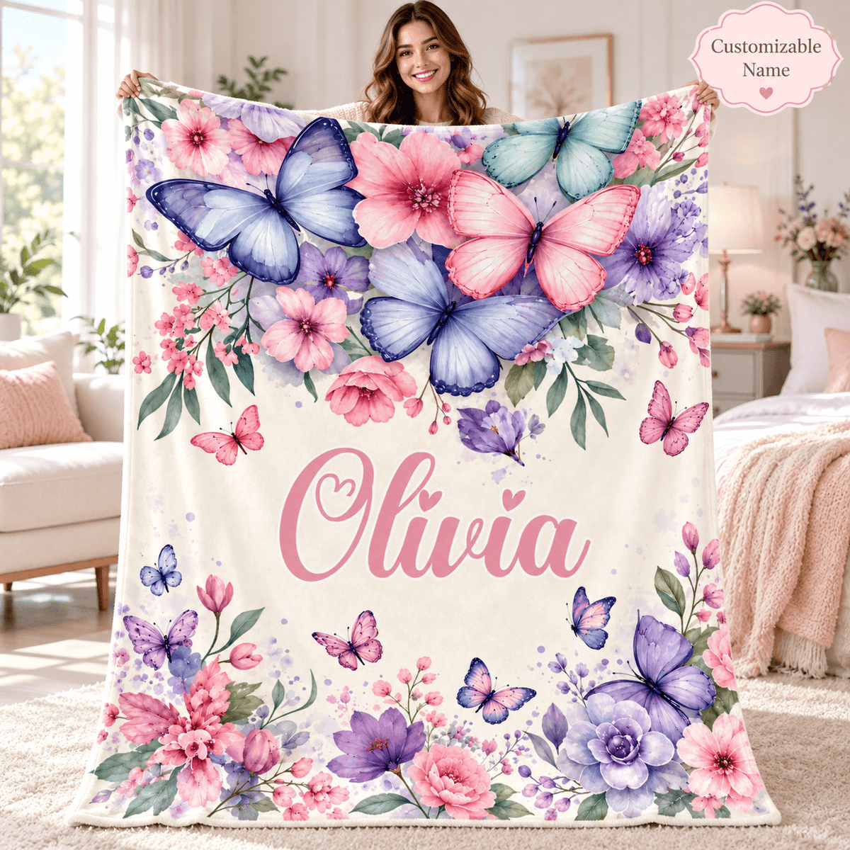 Personalized Olivia Butterfly & Floral Cozy Plush Fleece Blanket – Custom Name Gift for Girls – 60" × 80"