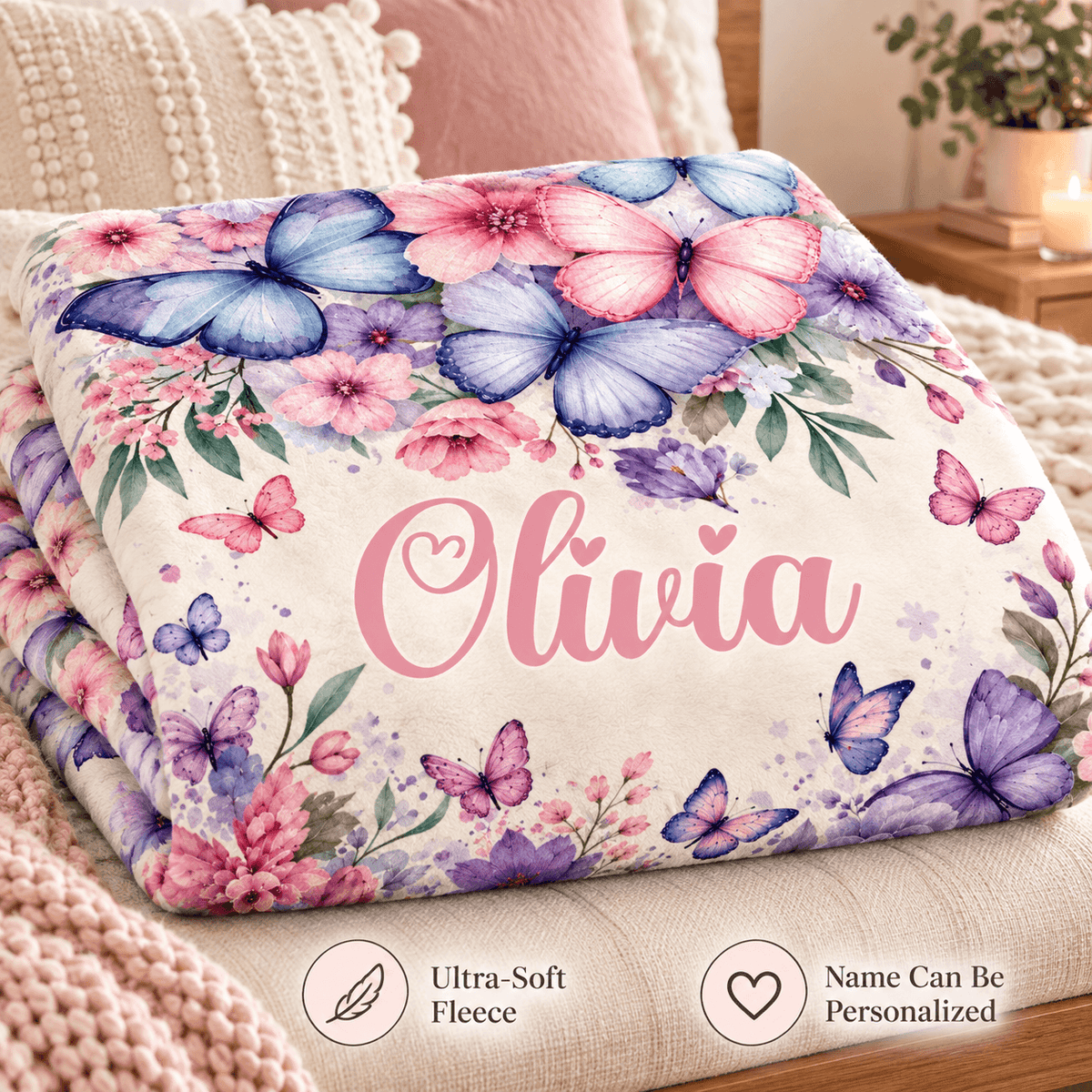 Personalized Olivia Butterfly & Floral Cozy Plush Fleece Blanket – Custom Name Gift for Girls – 60" × 80"