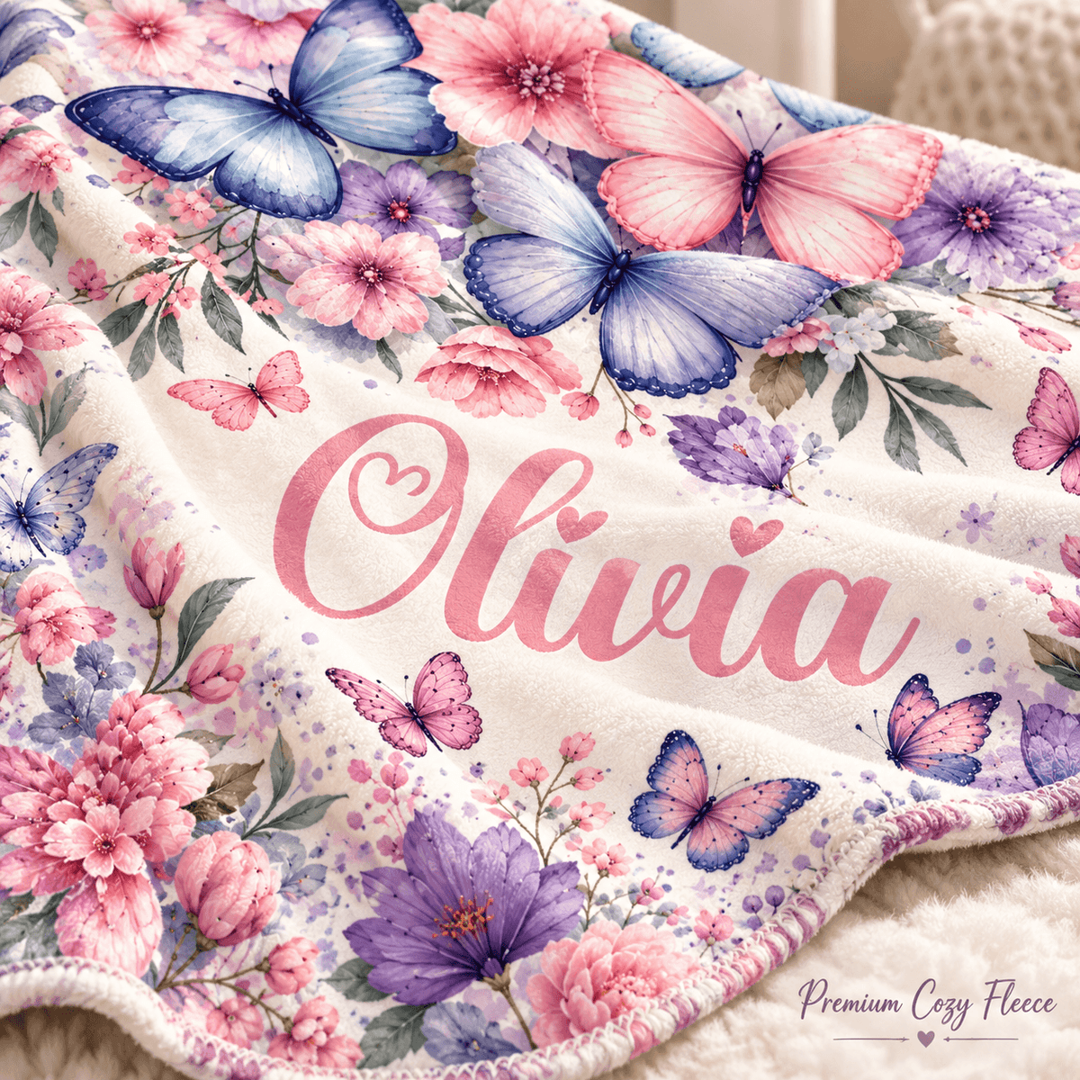 Personalized Olivia Butterfly & Floral Cozy Plush Fleece Blanket – Custom Name Gift for Girls – 60" × 80"
