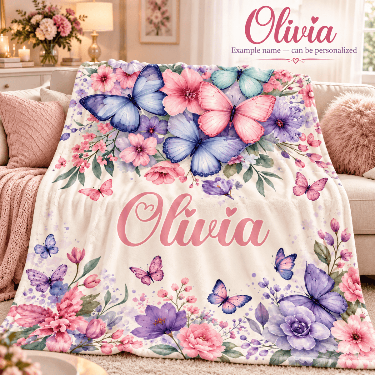 Personalized Olivia Butterfly & Floral Cozy Plush Fleece Blanket – Custom Name Gift for Girls – 60" × 80"