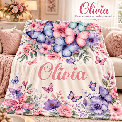 Personalized Olivia Butterfly & Floral Cozy Plush Fleece Blanket – Custom Name Gift for Girls – 60" × 80"