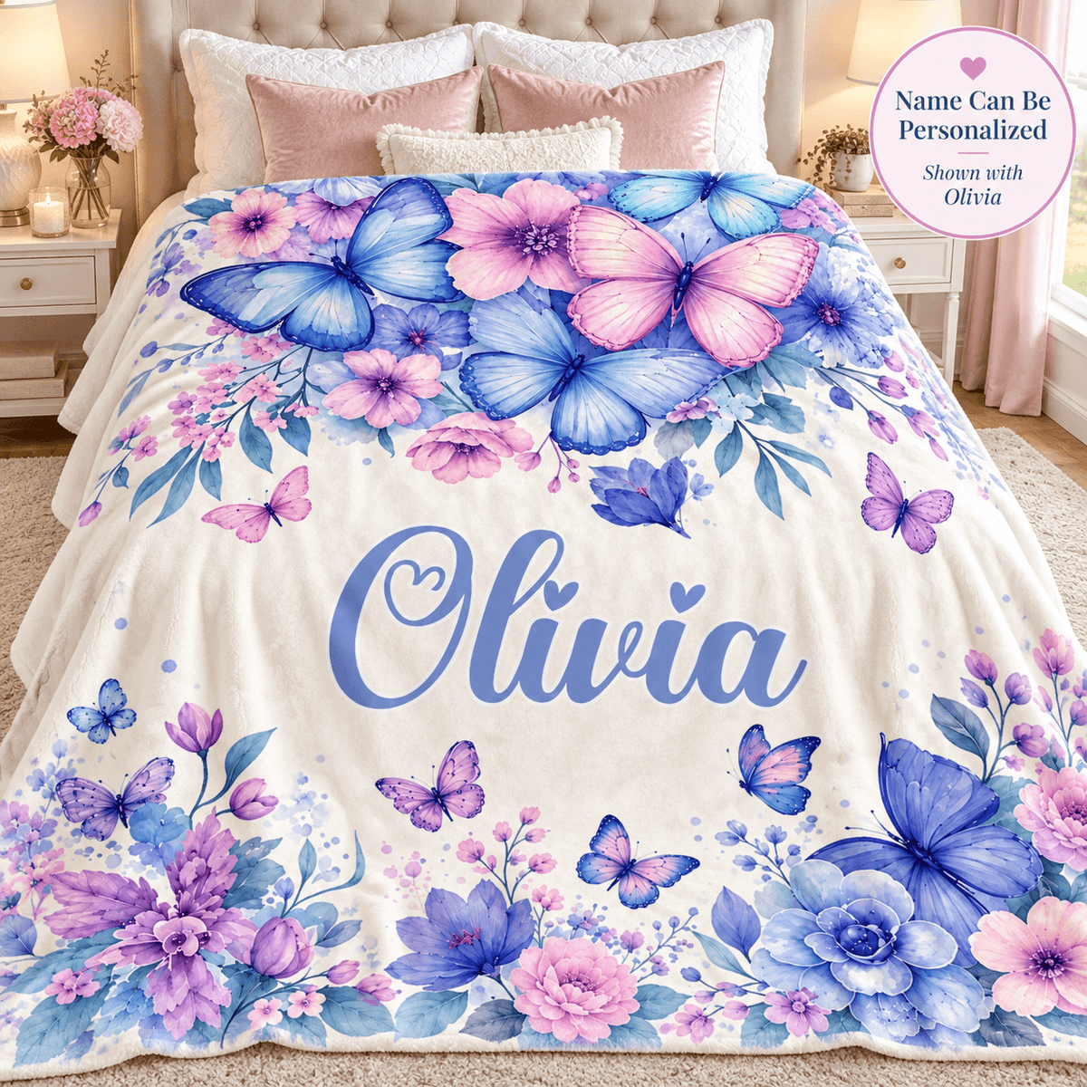 Personalized Butterfly & Floral Cozy Plush Fleece Blanket – Custom Name Gift for Girls – 60" × 80"