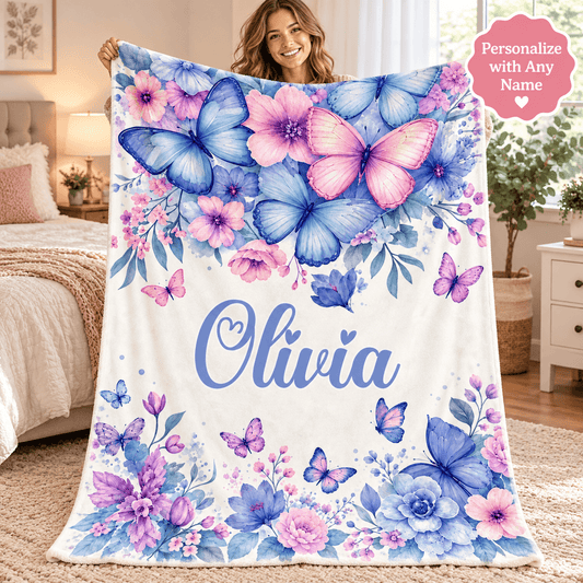 Personalized Butterfly & Floral Cozy Plush Fleece Blanket – Custom Name Gift for Girls – 60" × 80"