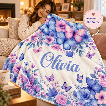 Personalized Butterfly & Floral Cozy Plush Fleece Blanket – Custom Name Gift for Girls – 60" × 80"