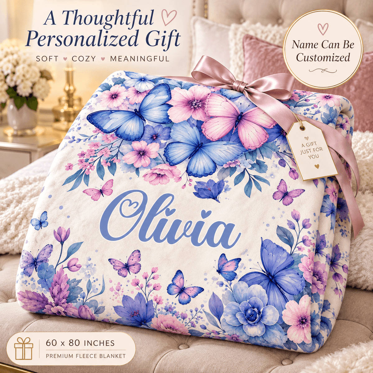 Personalized Butterfly & Floral Cozy Plush Fleece Blanket – Custom Name Gift for Girls – 60" × 80"