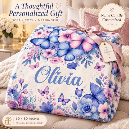Personalized Butterfly & Floral Cozy Plush Fleece Blanket – Custom Name Gift for Girls – 60" × 80"