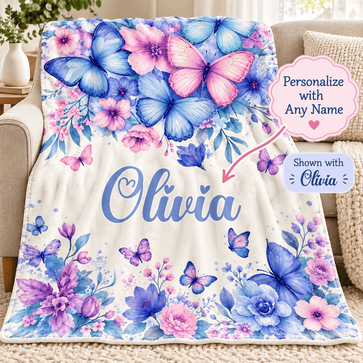 Personalized Butterfly & Floral Cozy Plush Fleece Blanket – Custom Name Gift for Girls – 60" × 80"