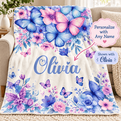 Personalized Butterfly & Floral Cozy Plush Fleece Blanket – Custom Name Gift for Girls – 60" × 80"