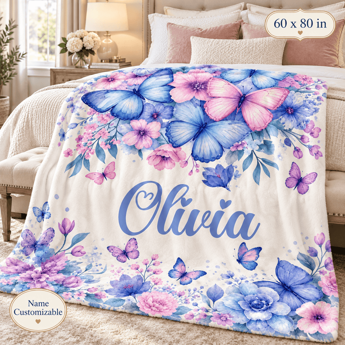 Personalized Butterfly & Floral Cozy Plush Fleece Blanket – Custom Name Gift for Girls – 60" × 80"