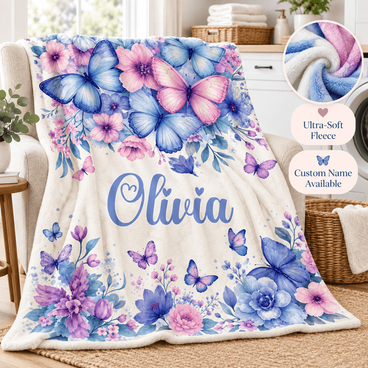 Personalized Butterfly & Floral Cozy Plush Fleece Blanket – Custom Name Gift for Girls – 60" × 80"