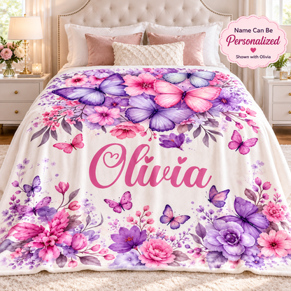 Personalized Butterfly & Floral Cozy Plush Fleece Blanket – Custom Name Gift for Girls – 60" × 80"