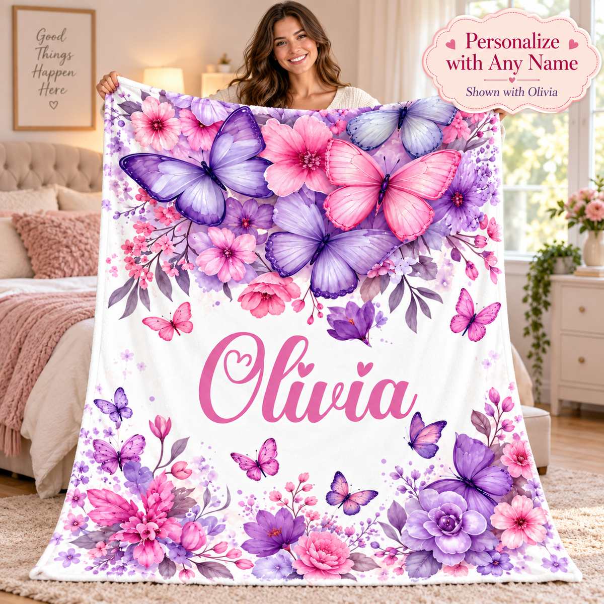 Personalized Butterfly & Floral Cozy Plush Fleece Blanket – Custom Name Gift for Girls – 60" × 80"