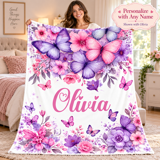 Personalized Butterfly & Floral Cozy Plush Fleece Blanket – Custom Name Gift for Girls – 60" × 80"