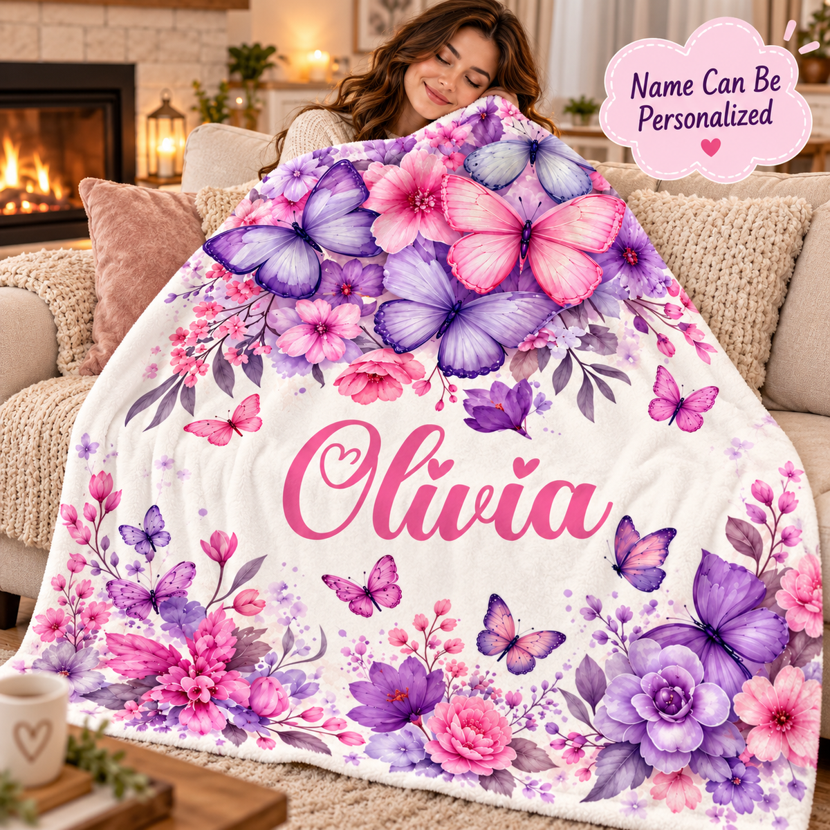 Personalized Butterfly & Floral Cozy Plush Fleece Blanket – Custom Name Gift for Girls – 60" × 80"