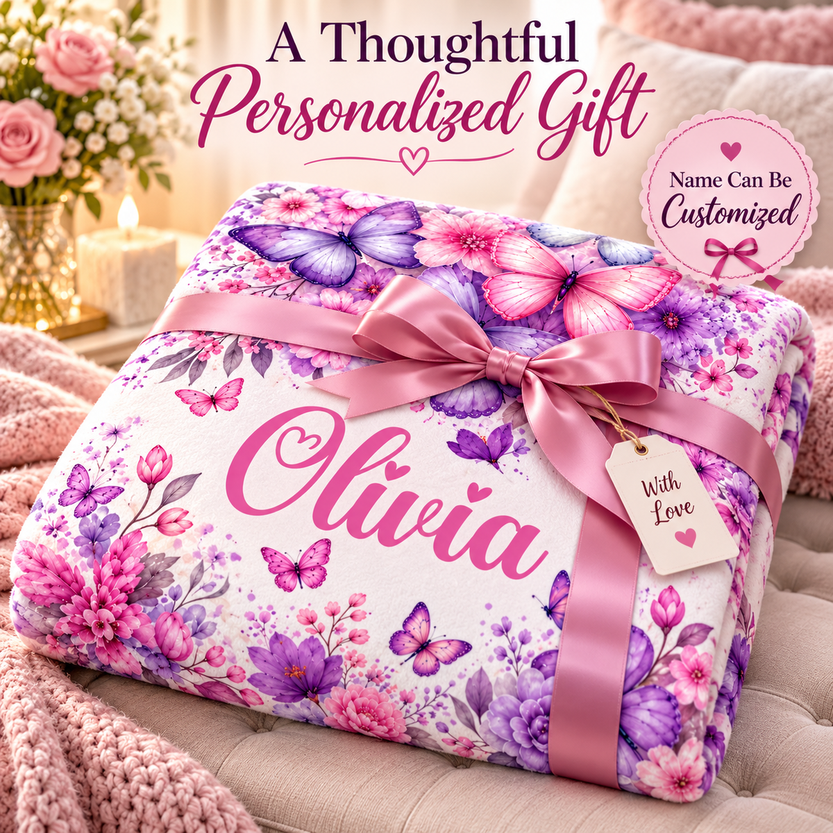 Personalized Butterfly & Floral Cozy Plush Fleece Blanket – Custom Name Gift for Girls – 60" × 80"