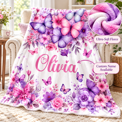 Personalized Butterfly & Floral Cozy Plush Fleece Blanket – Custom Name Gift for Girls – 60" × 80"
