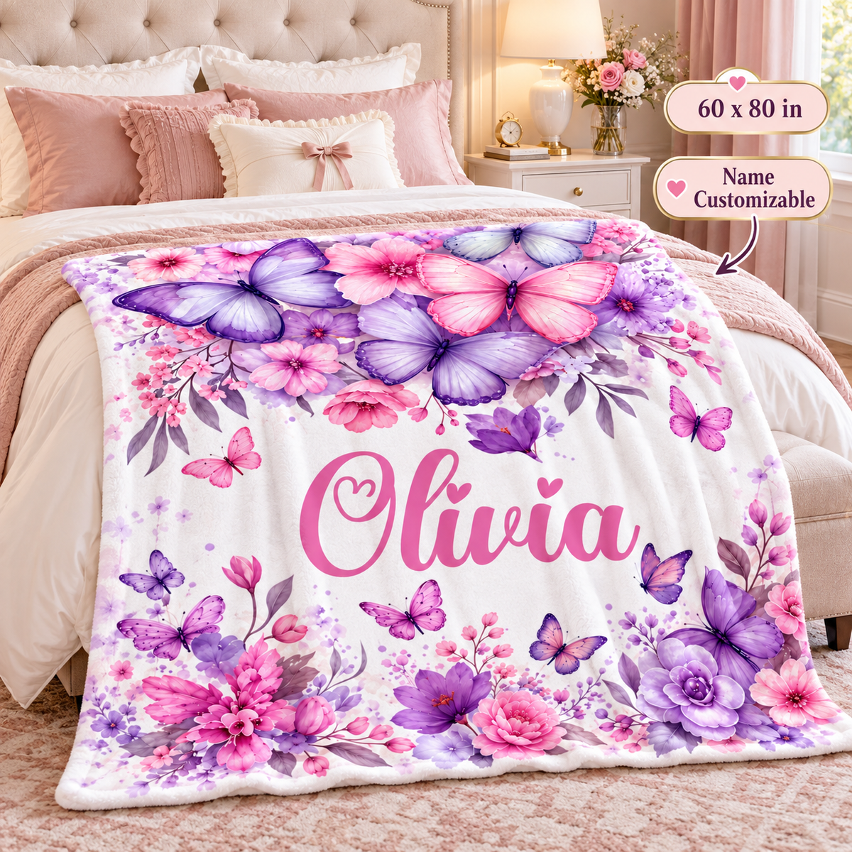 Personalized Butterfly & Floral Cozy Plush Fleece Blanket – Custom Name Gift for Girls – 60" × 80"