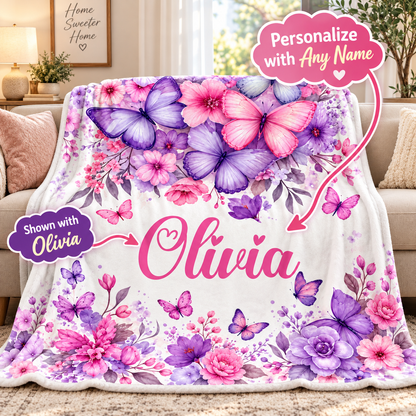 Personalized Butterfly & Floral Cozy Plush Fleece Blanket – Custom Name Gift for Girls – 60" × 80"