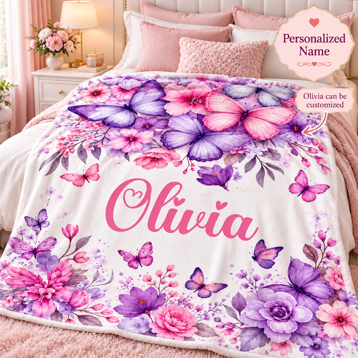 Personalized Butterfly & Floral Cozy Plush Fleece Blanket – Custom Name Gift for Girls – 60" × 80"
