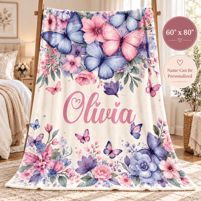 Personalized Butterfly & Floral Cozy Plush Fleece Blanket – Custom Name Gift for Girls – 60" × 80"