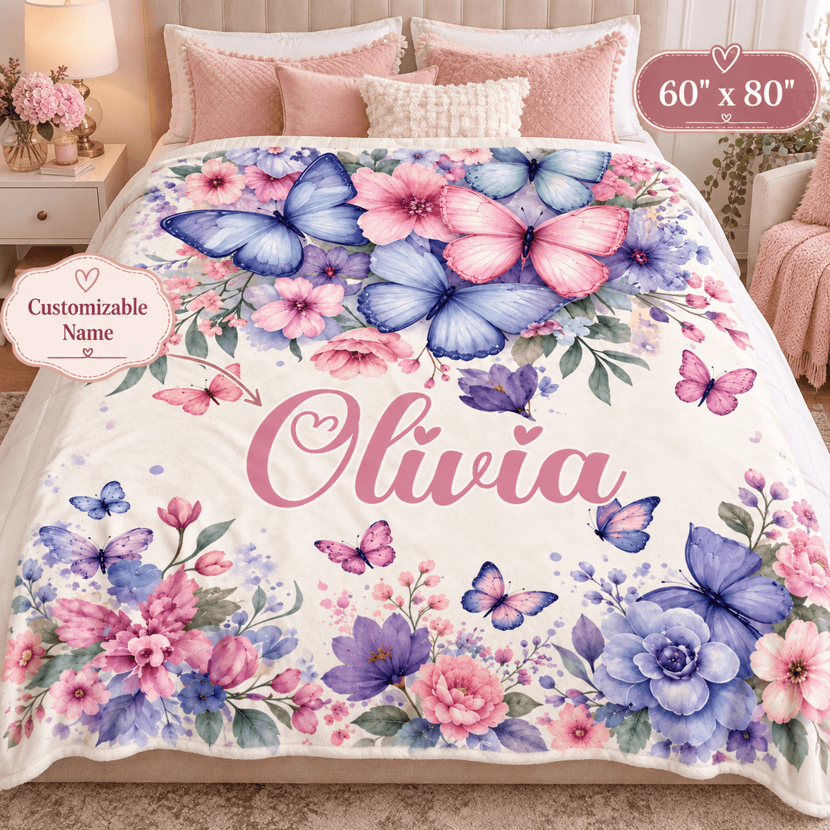 Personalized Butterfly & Floral Cozy Plush Fleece Blanket – Custom Name Gift for Girls – 60" × 80"