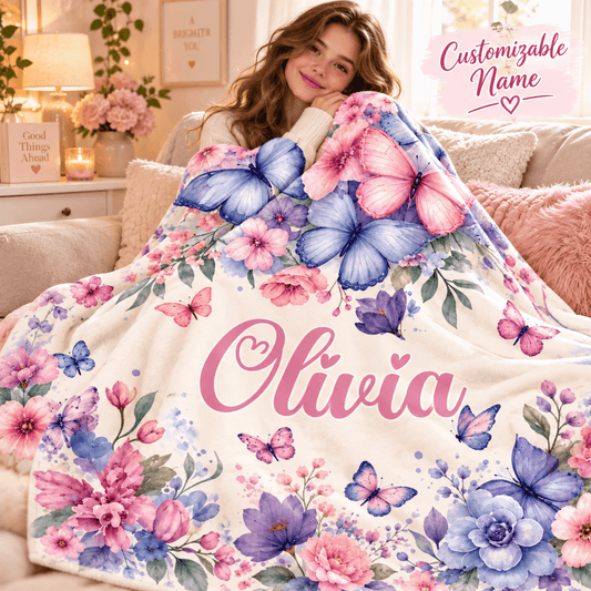 Personalized Butterfly & Floral Cozy Plush Fleece Blanket – Custom Name Gift for Girls – 60" × 80"