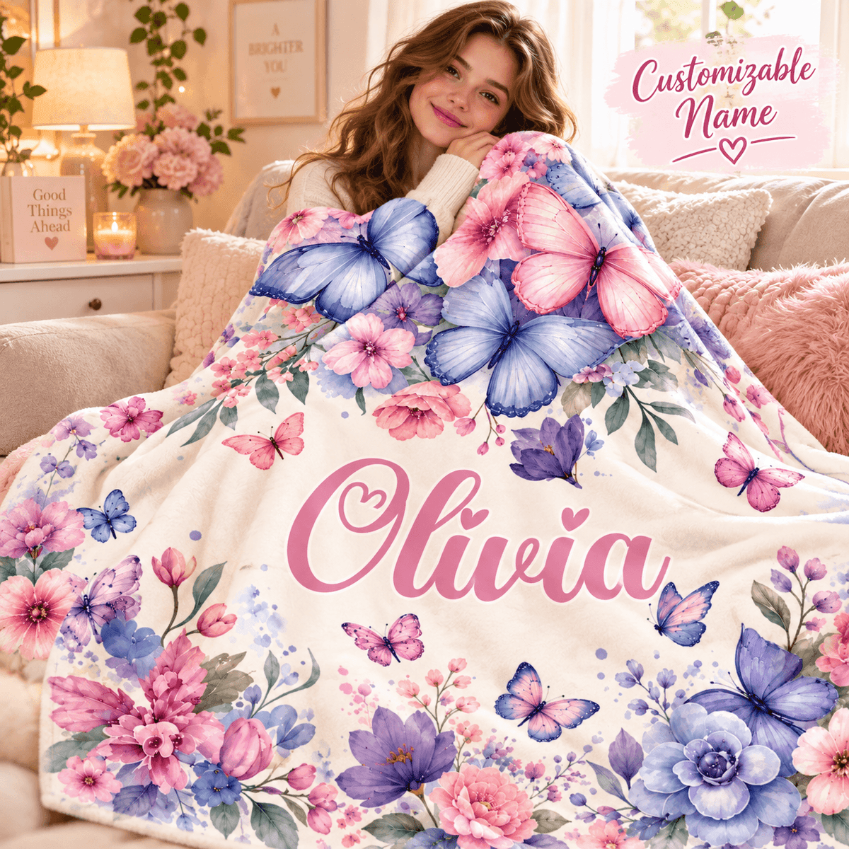 Personalized Butterfly & Floral Cozy Plush Fleece Blanket – Custom Name Gift for Girls – 60" × 80"