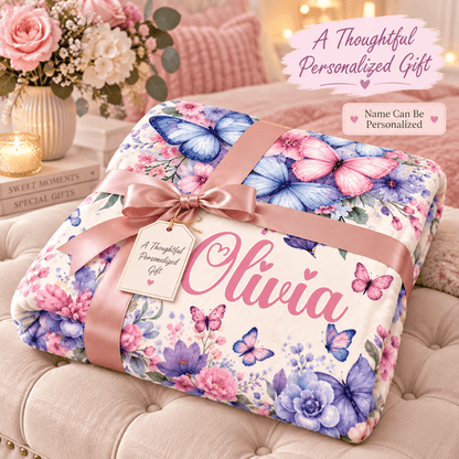 Personalized Butterfly & Floral Cozy Plush Fleece Blanket – Custom Name Gift for Girls – 60" × 80"