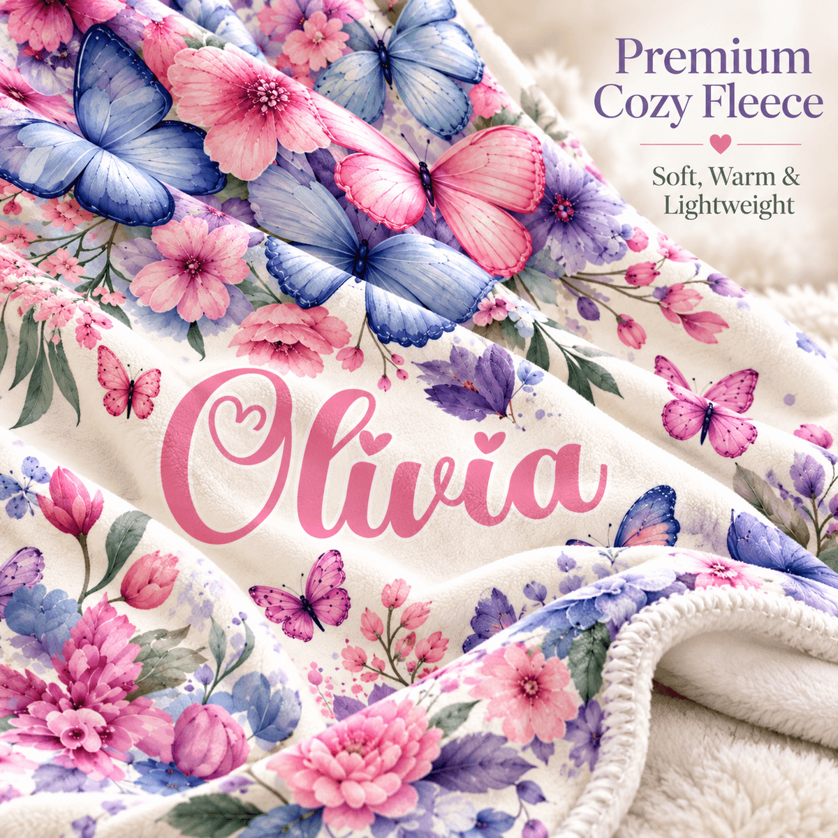 Personalized Butterfly & Floral Cozy Plush Fleece Blanket – Custom Name Gift for Girls – 60" × 80"