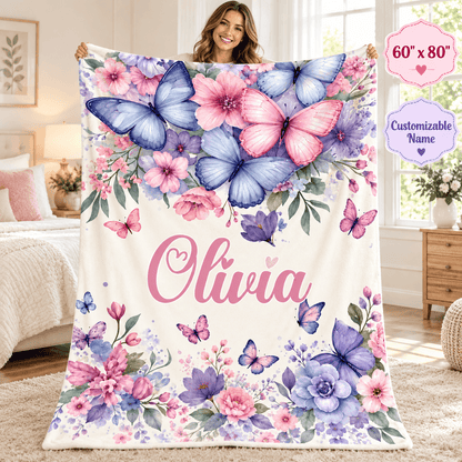 Personalized Butterfly & Floral Cozy Plush Fleece Blanket – Custom Name Gift for Girls – 60" × 80"