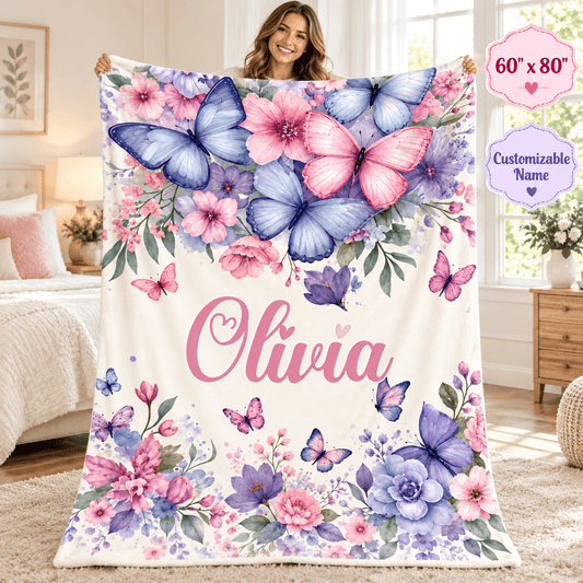 Personalized Butterfly & Floral Cozy Plush Fleece Blanket – Custom Name Gift for Girls – 60" × 80"