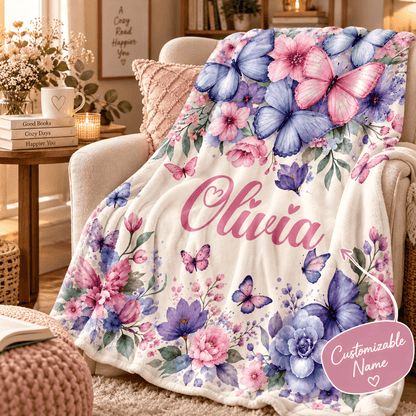 Personalized Butterfly & Floral Cozy Plush Fleece Blanket – Custom Name Gift for Girls – 60" × 80"
