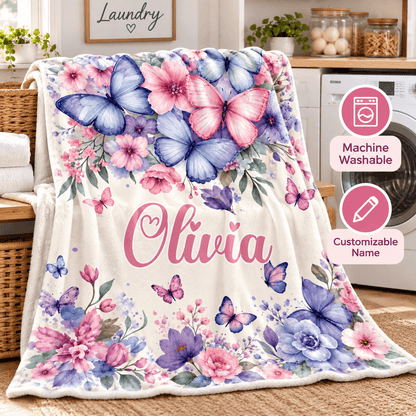 Personalized Butterfly & Floral Cozy Plush Fleece Blanket – Custom Name Gift for Girls – 60" × 80"