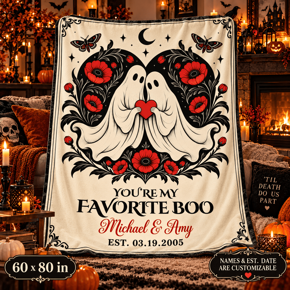 A large cream-colored blanket or throw with a Halloween-style graphic of two white ghosts surrounded by red flowers and black decorative details, with the text 'YOU'RE MY FAVORITE BOO Michael & Amy EST. 03.
