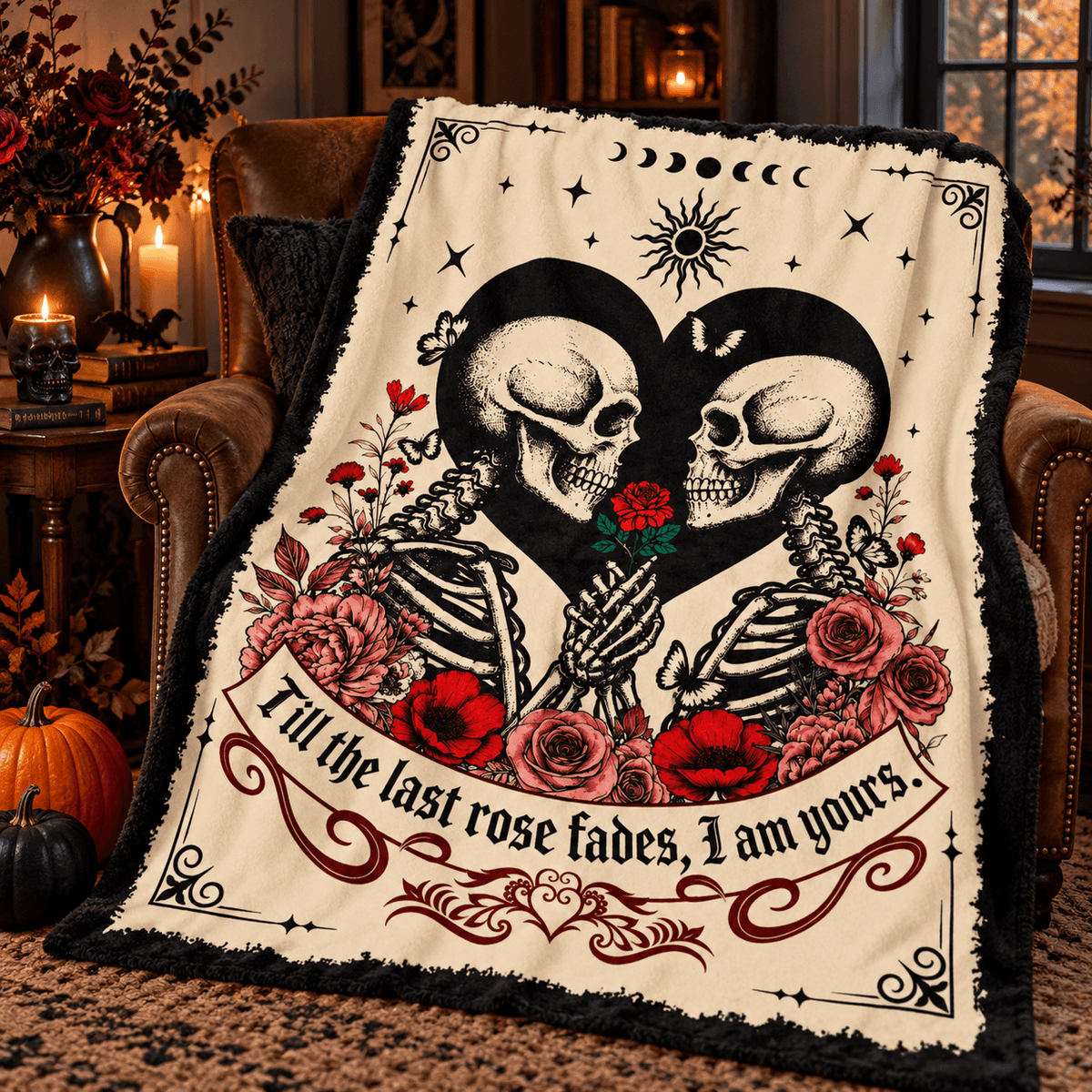 A Halloween-themed fleece throw blanket draped over a brown leather armchair in a cozy, warmly lit room. The blanket features a cream background with a black and white illustration of two skeletons forming a heart, surrounded by red and pink roses, stars, and a banner with gothic text.